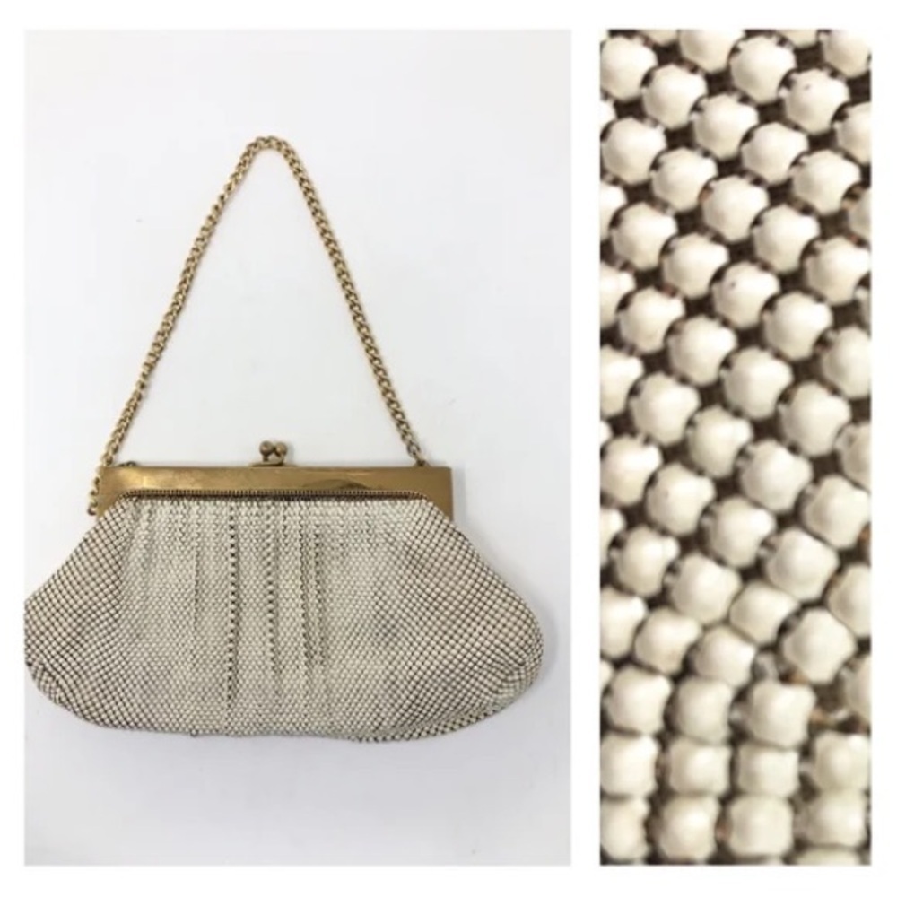 Vintage 1960s Whiting & Davis Cream Mesh Art Deco style Purse and coin pouch